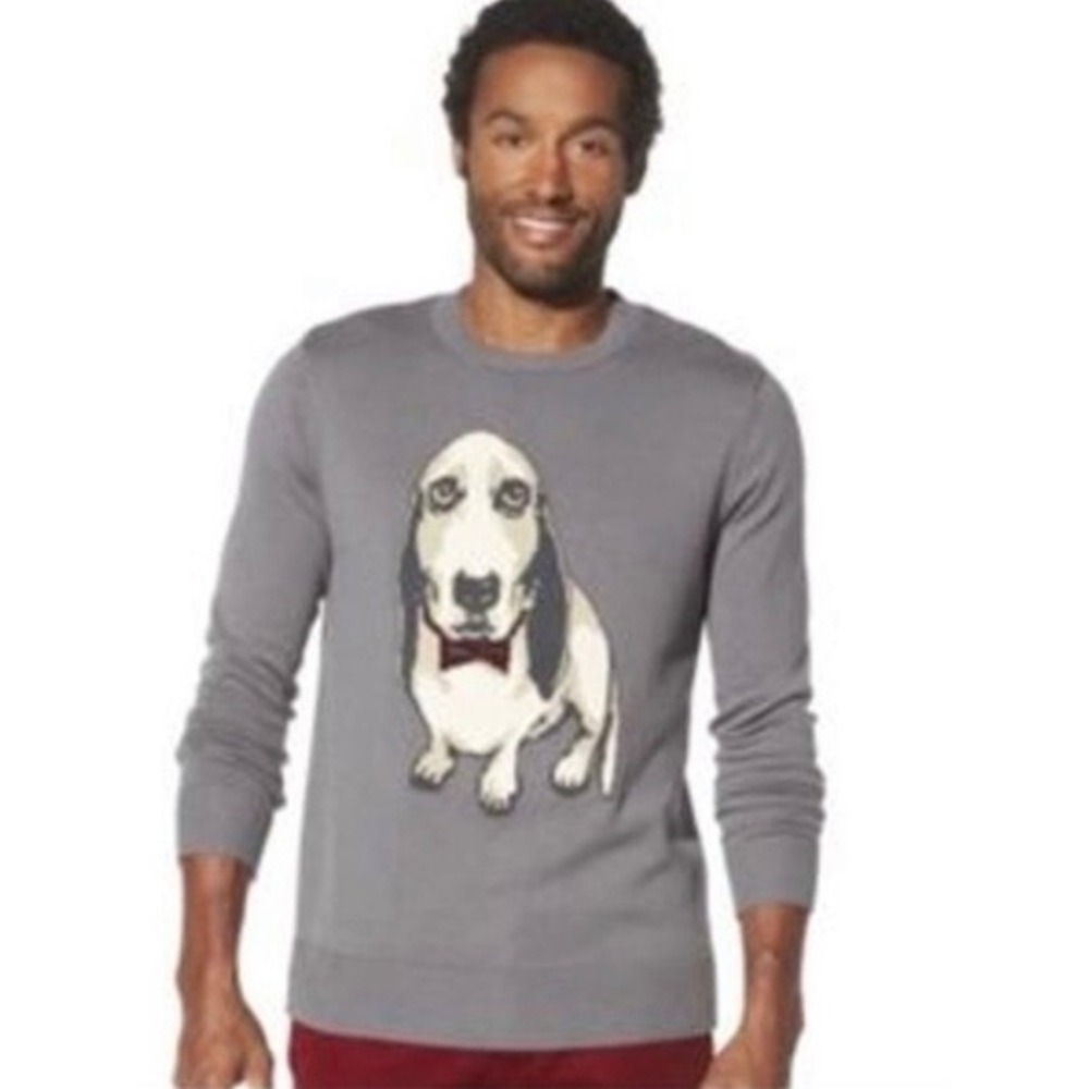 Merona Sweater Mens Large (Women's XL) Gray Basset Hound Dog Bow Tie Cotton Knit
